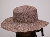 Le chapeau est marron et blanc, avec une bande noire.