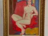 une image représentant un tableau d'une femme nue assise sur une chaise rouge