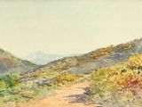 a watercolor painting of a dirt road with mountains in the background