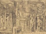 dessin représentant un groupe de personnes debout dans une grotte