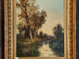 une peinture à l'huile représentant une scène fluviale avec des arbres en arrière-plan