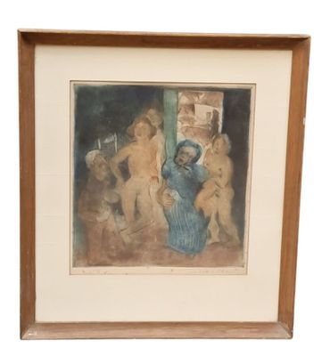 tableau représentant un groupe de nus vêtus d'une robe bleue et un homme coiffé d'un chapeau bleu