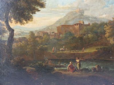 peinture représentant un tableau représentant un paysage avec une rivière et un château