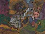 une peinture accrochée au mur d'un immeuble, représentant un homme et une femme