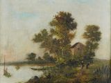 an image of a painting of a boat on a river