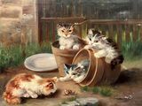 painting of a group of kittens sitting in a clay pot
