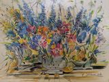 a watercolor painting of a vase of flowers on a table