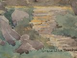 a watercolor painting of a river with rocks in it