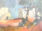 a painting of a house and trees in a field