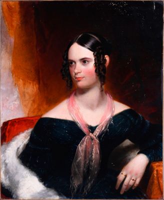 a painting of a woman in a black dress with a pink scarf
