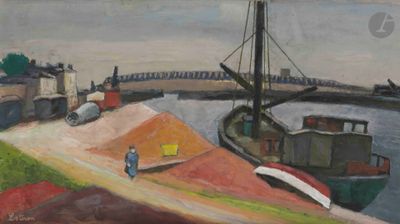 a painting of a boat on the water with a bridge in the background