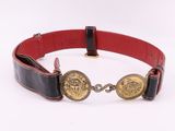 leather dog collar with two brass medallions on a red and black leather belt