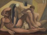 an image of a painting of three nudes sitting on a table