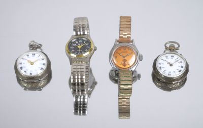 four different types of watches are displayed on a white surface