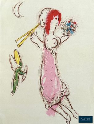 a drawing of a woman holding a bird and a fish