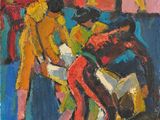 an image of a painting of a group of people sitting on a bench