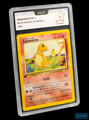 gros plan d'une carte pokemon dans un étui en plastique
