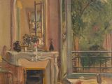painting of a dining room with a table and chairs and a fireplace