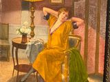 a painting of a woman sitting in a chair in a room