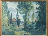 an oil painting of a church in a wooded area with trees and bushes