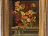 painting of a vase of flowers on a table next to a vase of flowers on a table