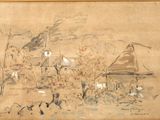 dessin représentant une maison dans un environnement boisé, survolée par un oiseau