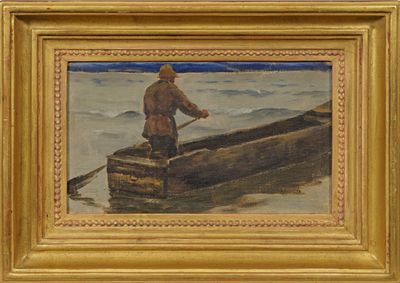 painting of a man in a boat with a paddle on the water