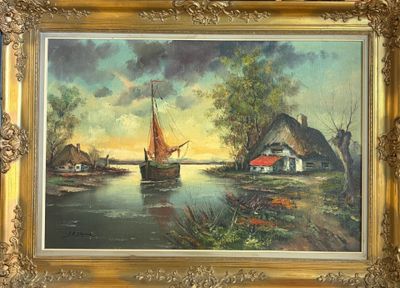 École du XXe siècle Chaumière en bord de rive Huile sur toil…