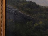 an oil painting of a mountain scene with a river in the foreground