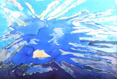 une peinture représentant une fleur bleue sur fond bleu