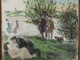a painting of a woman laying on the ground next to a cow