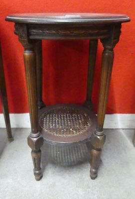 pair of antique wooden side tables with ornate carved top