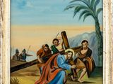 an oil painting of jesus carrying the cross with other people