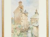 framed watercolor painting of a street scene with buildings and a river