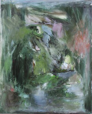 une peinture à l'huile représentant un homme assis sur un banc au bord d'une rivière