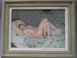 a painting of a nude woman laying on a bed