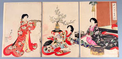 three paintings of women in kimono robes sitting on a bench