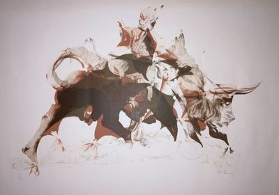 a picture of a painting of a man riding a bull