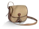 le sac à carreaux marron et beige est muni d'une poignée en cuir
