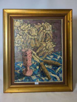 tableau représentant un vase de fleurs posé sur une table recouverte d'une nappe bleue
