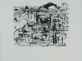 a black and white drawing of a boat in the water