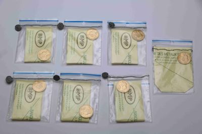 cinq sachets de pièces et un sachet de billets sur la table