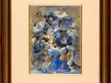 painting of a blue vase with white flowers in a gold frame