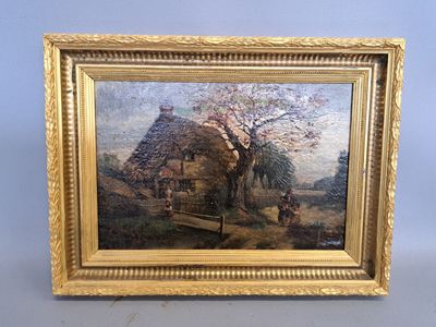 an oil painting of a farm scene in a gold frame