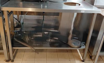 a stainless steel counter with a microwave on top of it