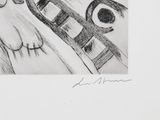 pencil drawing of a woman sitting on a bed with a ladder