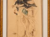 framed drawing of a woman in a chair with a bird on her shoulder
