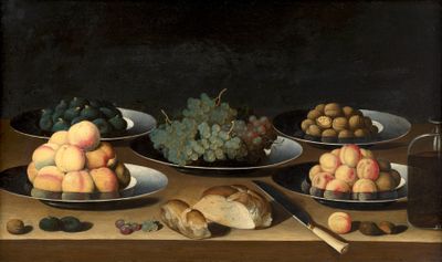 tableau représentant une nature morte avec des fruits et du pain sur une table