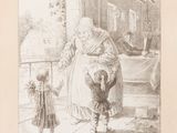 an old drawing of a woman holding a child ' s hand while another child looks on
