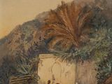 painting of a group of people riding horses in front of a building